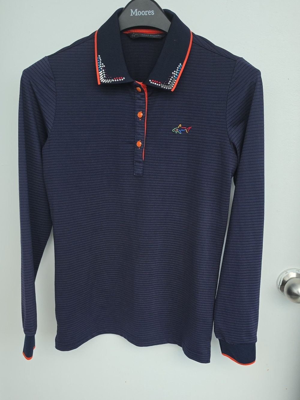 Greg Norman Long Sleeve Performance Golf Polo Shirt Navy Blue Embellished M